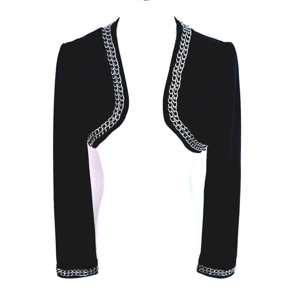 Vintage XXI Y2K Black Chain Trim Bolero Jacket Size M Cropped Wool Blend Shrug
